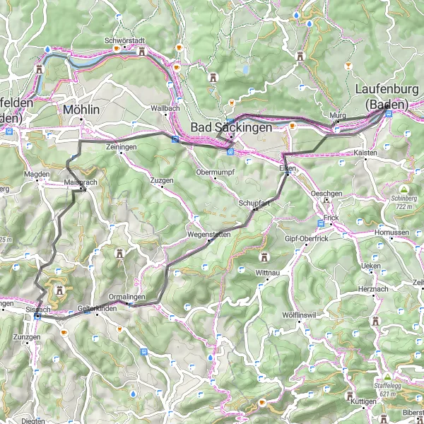 Karten-Miniaturansicht der Radinspiration "Murg - Panoramablicke rund um Laufenburg" in Freiburg, Germany. Erstellt vom Tarmacs.app-Routenplaner für Radtouren