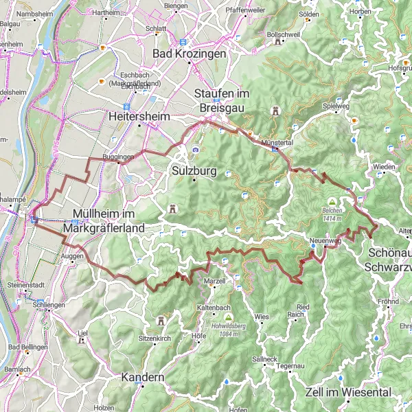 Karten-Miniaturansicht der Radinspiration "Durch die Weinberge des Markgräflerlandes" in Freiburg, Germany. Erstellt vom Tarmacs.app-Routenplaner für Radtouren