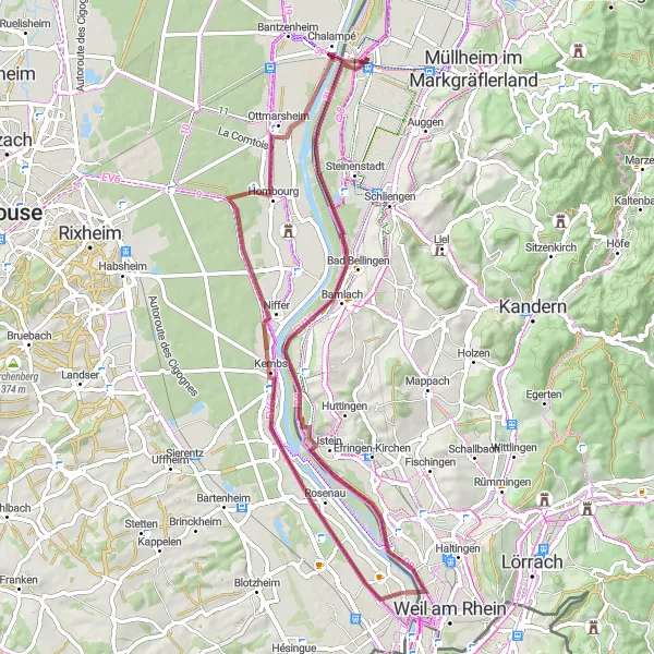 Karten-Miniaturansicht der Radinspiration "Entlang des Rheins und durch die Naturparks" in Freiburg, Germany. Erstellt vom Tarmacs.app-Routenplaner für Radtouren