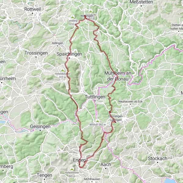 Map miniature of "Engen and Spaichingen Loop" cycling inspiration in Freiburg, Germany. Generated by Tarmacs.app cycling route planner