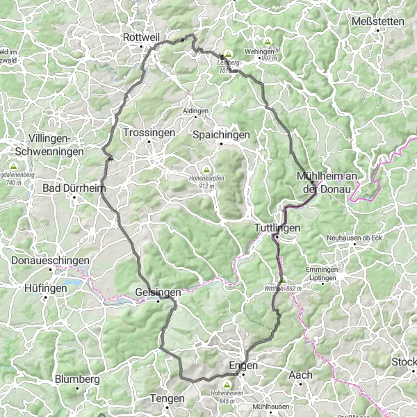 Map miniature of "Hohenhewen and Leimbabwe Circuit" cycling inspiration in Freiburg, Germany. Generated by Tarmacs.app cycling route planner