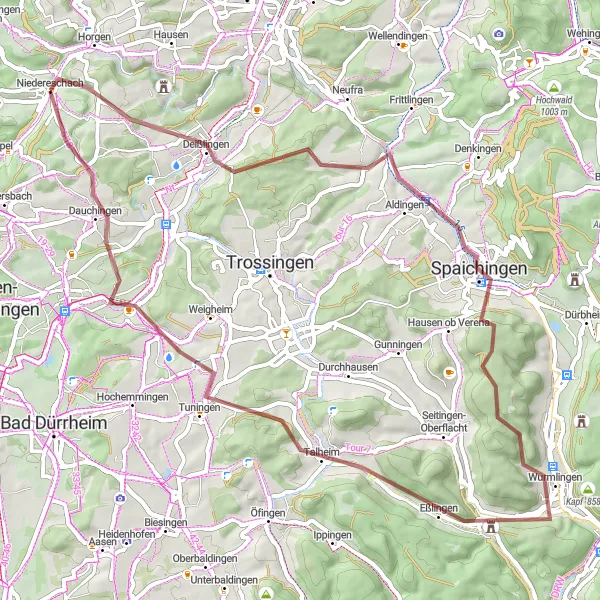 Karten-Miniaturansicht der Radinspiration "Bergiges Gravel-Abenteuer durch Deißlingen und Aldingen" in Freiburg, Germany. Erstellt vom Tarmacs.app-Routenplaner für Radtouren