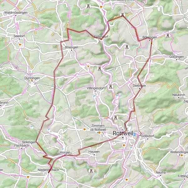 Map miniature of "Scenic Gravel Ride to Rottweil" cycling inspiration in Freiburg, Germany. Generated by Tarmacs.app cycling route planner