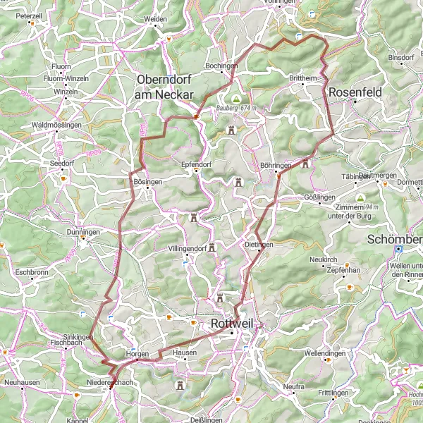 Map miniature of "Explore the Gravel Roads of Niedereschach" cycling inspiration in Freiburg, Germany. Generated by Tarmacs.app cycling route planner