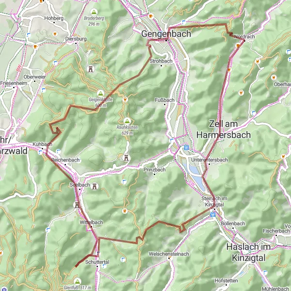 Map miniature of "The Gravel Gravity" cycling inspiration in Freiburg, Germany. Generated by Tarmacs.app cycling route planner