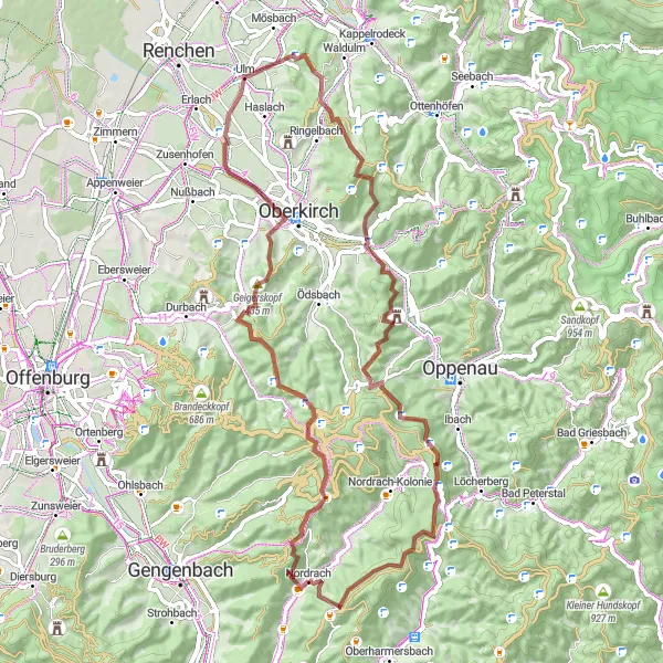 Map miniature of "Nordrach Gravel Expedition" cycling inspiration in Freiburg, Germany. Generated by Tarmacs.app cycling route planner