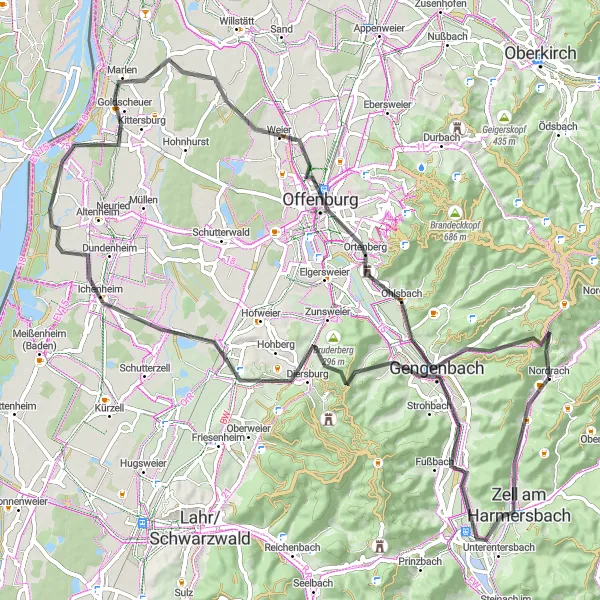 Map miniature of "The Road Adventure" cycling inspiration in Freiburg, Germany. Generated by Tarmacs.app cycling route planner
