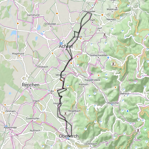 Karten-Miniaturansicht der Radinspiration "Rundfahrt Oberkirch - Hafelochköpfle - Mösbach - Sasbach - Achern" in Freiburg, Germany. Erstellt vom Tarmacs.app-Routenplaner für Radtouren