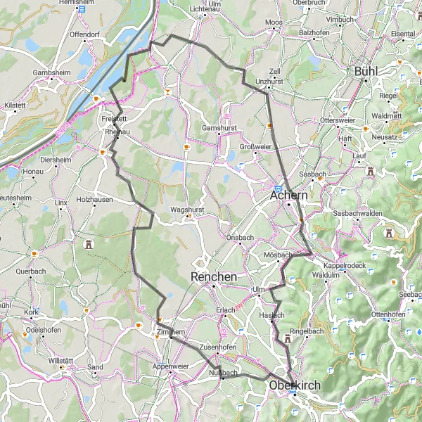 Map miniature of "Rhine Valley Highlights" cycling inspiration in Freiburg, Germany. Generated by Tarmacs.app cycling route planner