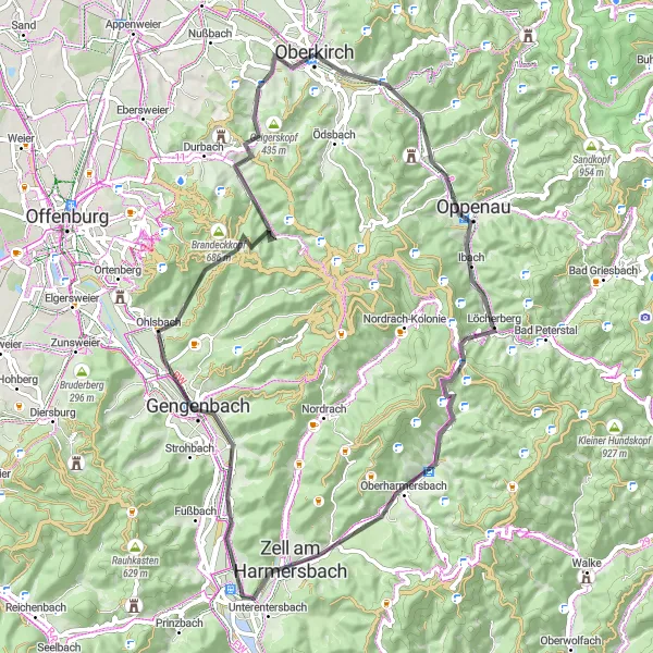 Karten-Miniaturansicht der Radinspiration "Tour von Oberkirch nach Miniaturwelt via Oppenau und Gengenbach" in Freiburg, Germany. Erstellt vom Tarmacs.app-Routenplaner für Radtouren
