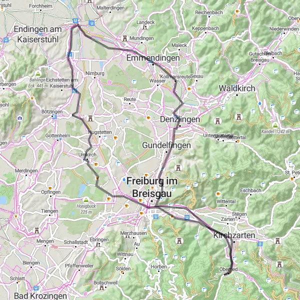 Map miniature of "Kamelberg and Kaiserstuhl" cycling inspiration in Freiburg, Germany. Generated by Tarmacs.app cycling route planner