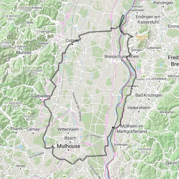 Map miniature of "Rhein Tour" cycling inspiration in Freiburg, Germany. Generated by Tarmacs.app cycling route planner
