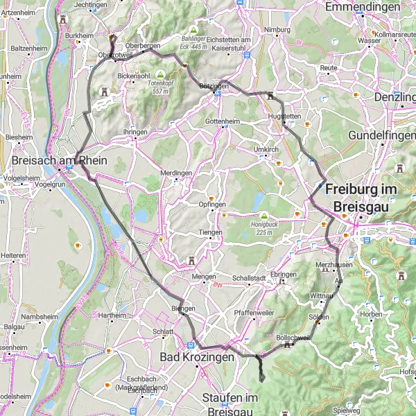 Map miniature of "Bötzingen Loop Adventure" cycling inspiration in Freiburg, Germany. Generated by Tarmacs.app cycling route planner