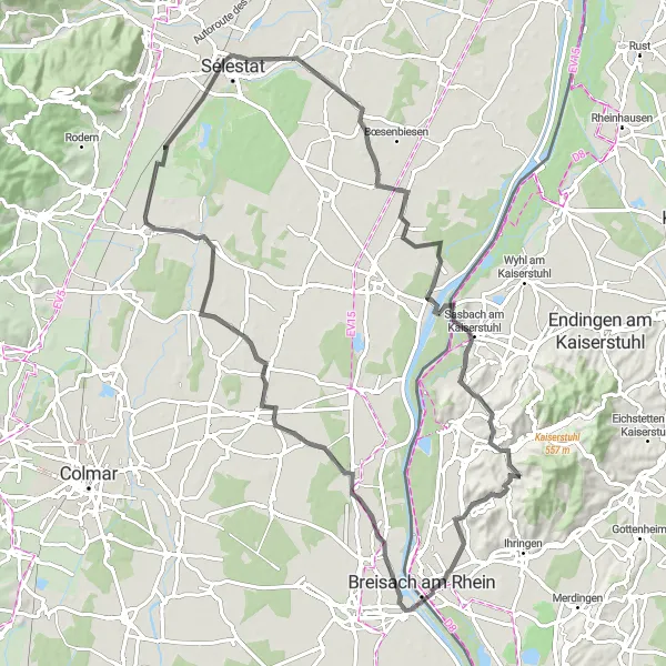 Map miniature of "The Kaiserstuhl Adventure" cycling inspiration in Freiburg, Germany. Generated by Tarmacs.app cycling route planner