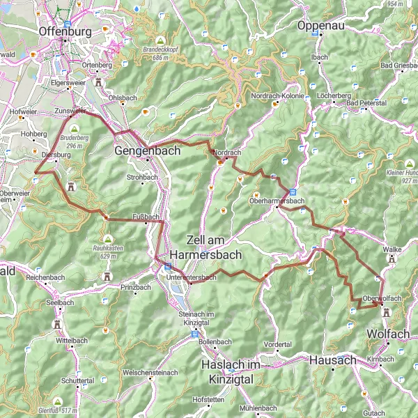 Map miniature of "Oberwolfach and Regeleskopf" cycling inspiration in Freiburg, Germany. Generated by Tarmacs.app cycling route planner