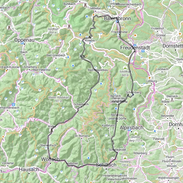 Map miniature of "Schwarzwald Loop" cycling inspiration in Freiburg, Germany. Generated by Tarmacs.app cycling route planner