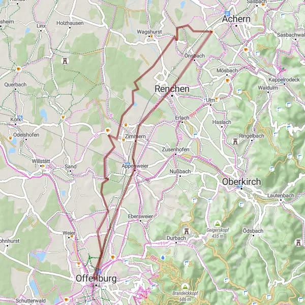 Map miniature of "Appenweier and Renchen Circuit" cycling inspiration in Freiburg, Germany. Generated by Tarmacs.app cycling route planner