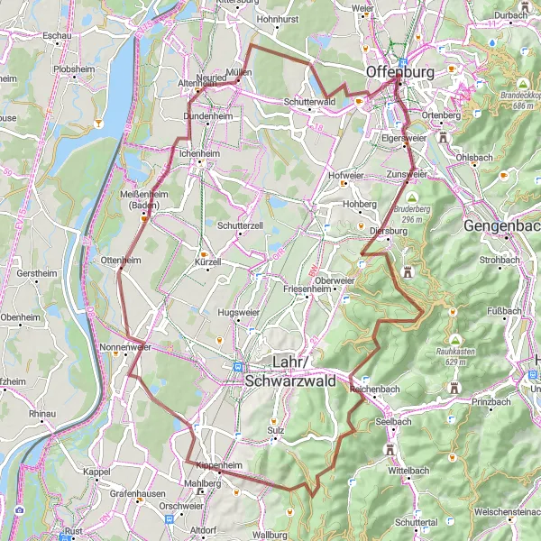 Karten-Miniaturansicht der Radinspiration "Gravel-Abenteuer um Offenburg" in Freiburg, Germany. Erstellt vom Tarmacs.app-Routenplaner für Radtouren