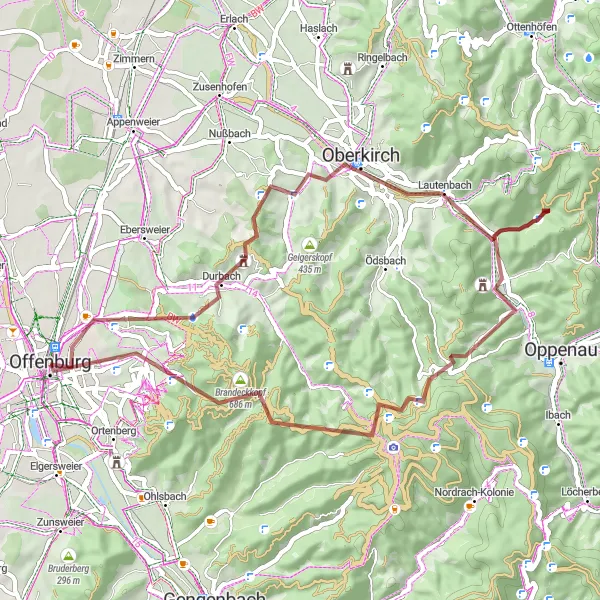 Map miniature of "Offenburg to Burg Bärenburg" cycling inspiration in Freiburg, Germany. Generated by Tarmacs.app cycling route planner