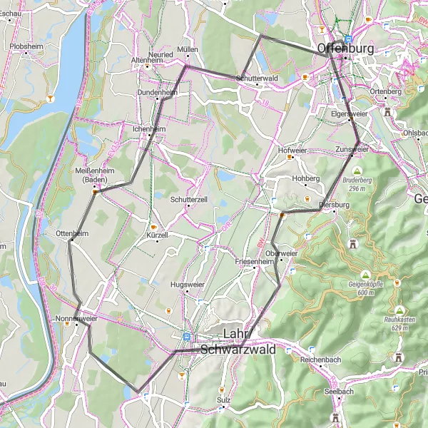 Map miniature of "Zunsweier and Lahr Route" cycling inspiration in Freiburg, Germany. Generated by Tarmacs.app cycling route planner