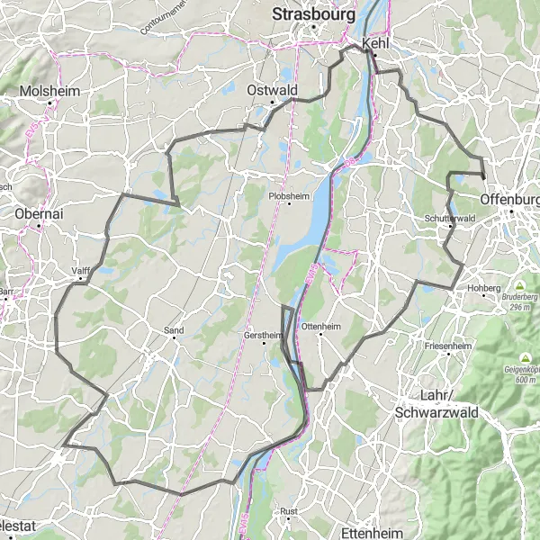 Map miniature of "Schutterwald and Kehl Discovery Route" cycling inspiration in Freiburg, Germany. Generated by Tarmacs.app cycling route planner