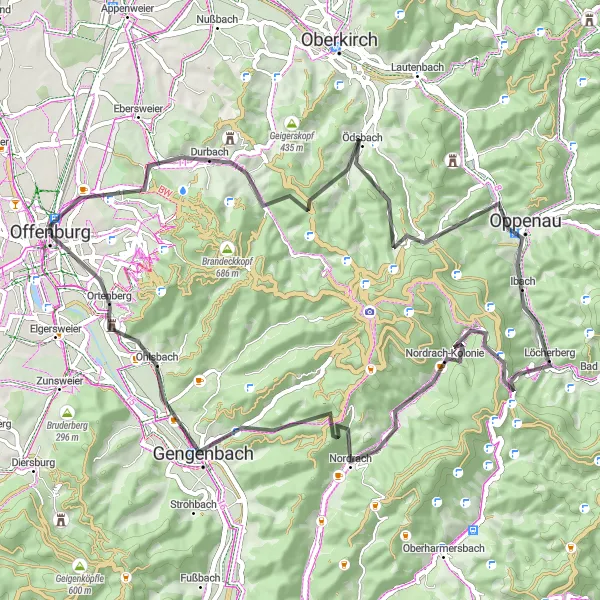 Map miniature of "Offenburg and Oppenau Adventure" cycling inspiration in Freiburg, Germany. Generated by Tarmacs.app cycling route planner