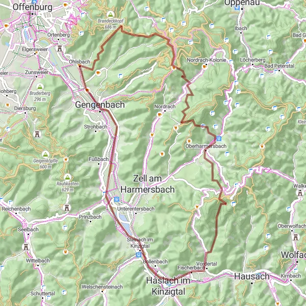 Map miniature of "Explore the Gravel Roads in the Ortenau Region" cycling inspiration in Freiburg, Germany. Generated by Tarmacs.app cycling route planner