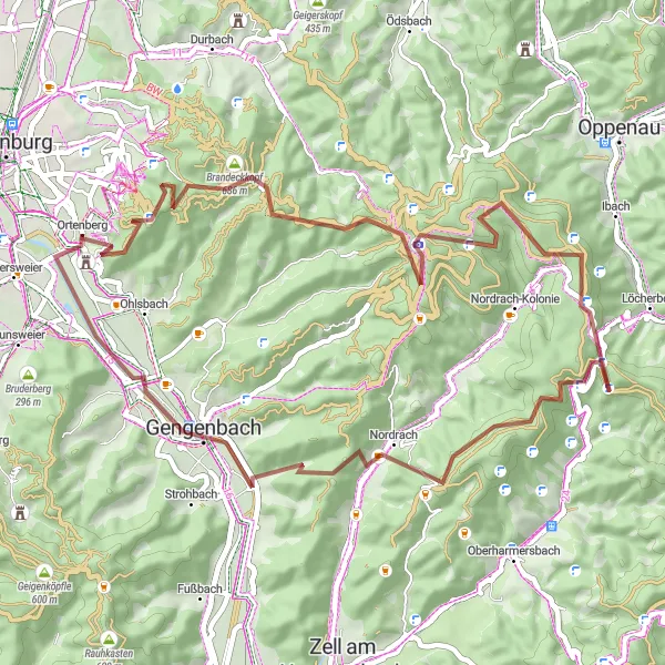 Karten-Miniaturansicht der Radinspiration "Gravel-Abenteuer rund um Ortenberg" in Freiburg, Germany. Erstellt vom Tarmacs.app-Routenplaner für Radtouren