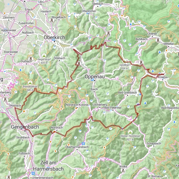 Map miniature of "Adventure through the Lush Landscapes of Northern Black Forest" cycling inspiration in Freiburg, Germany. Generated by Tarmacs.app cycling route planner