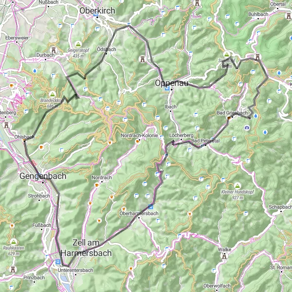 Map miniature of "Scenic Road Cycling Adventure in Ohlsbach" cycling inspiration in Freiburg, Germany. Generated by Tarmacs.app cycling route planner