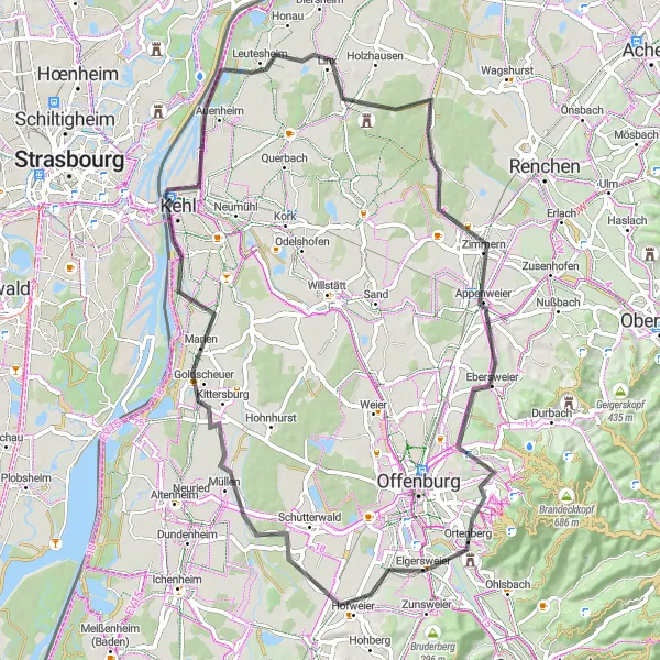 Map miniature of "Ortenberg Adventure" cycling inspiration in Freiburg, Germany. Generated by Tarmacs.app cycling route planner