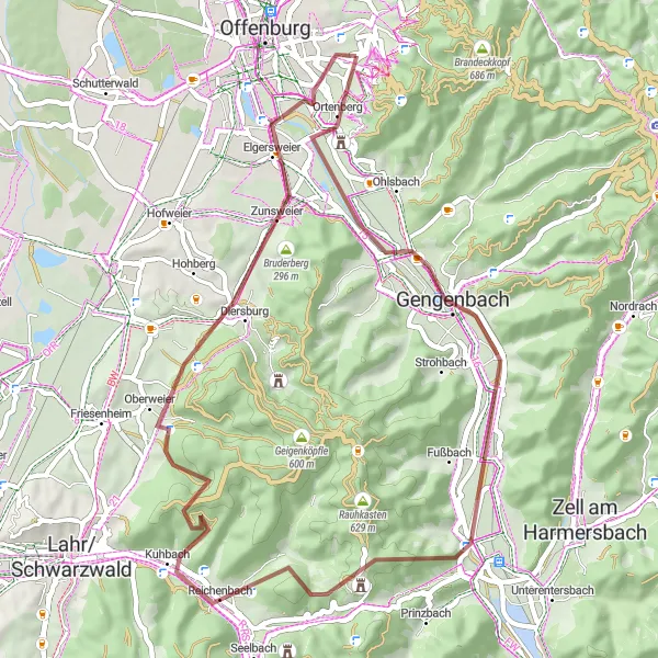 Map miniature of "Geisskopf Gravel Adventure" cycling inspiration in Freiburg, Germany. Generated by Tarmacs.app cycling route planner