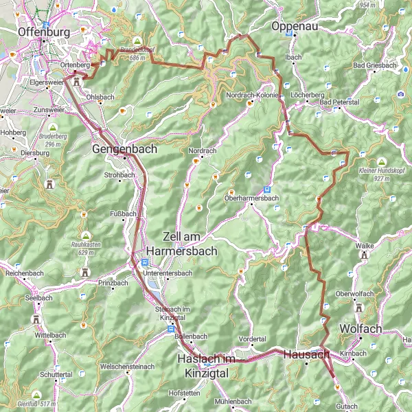 Karten-Miniaturansicht der Radinspiration "Abenteuerliche Gravel-Tour um Ortenberg" in Freiburg, Germany. Erstellt vom Tarmacs.app-Routenplaner für Radtouren