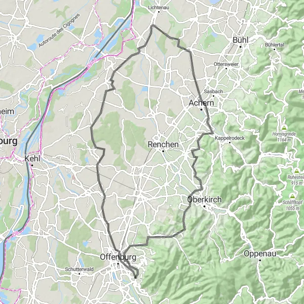Map miniature of "Offenburg Adventure" cycling inspiration in Freiburg, Germany. Generated by Tarmacs.app cycling route planner