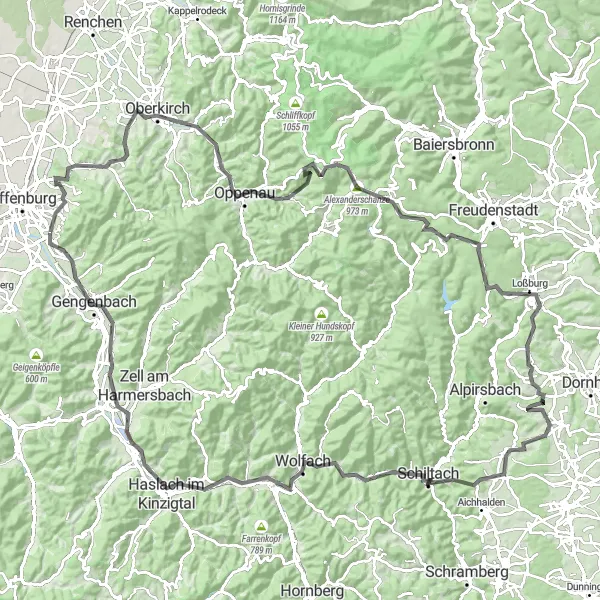 Map miniature of "Over the Hills and Through the Forests" cycling inspiration in Freiburg, Germany. Generated by Tarmacs.app cycling route planner