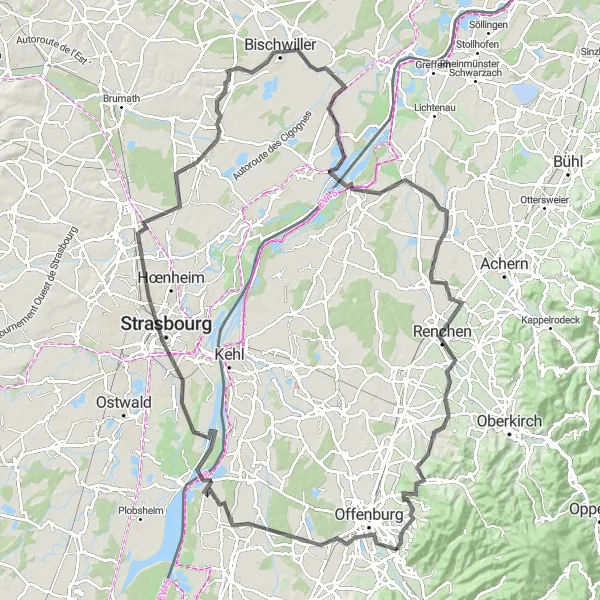 Map miniature of "Leisurely Ride Along the Rhine" cycling inspiration in Freiburg, Germany. Generated by Tarmacs.app cycling route planner