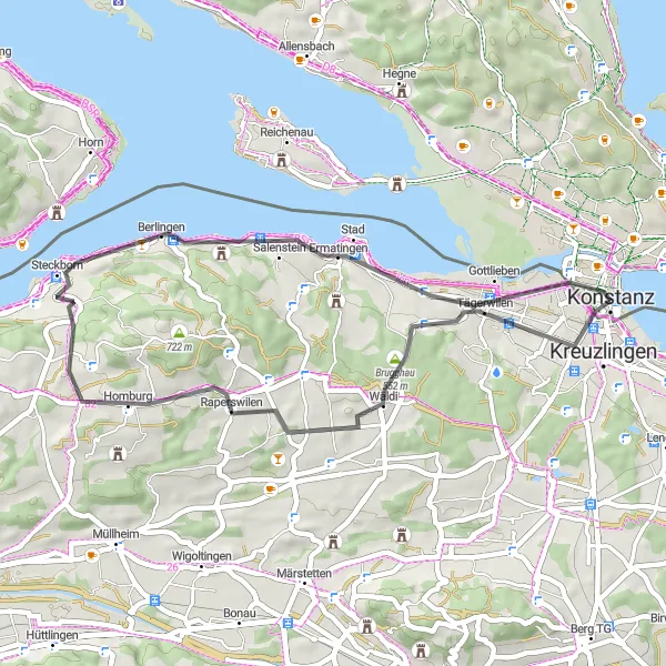 Map miniature of "Raperswilen and Tägermoos Road Loop" cycling inspiration in Freiburg, Germany. Generated by Tarmacs.app cycling route planner