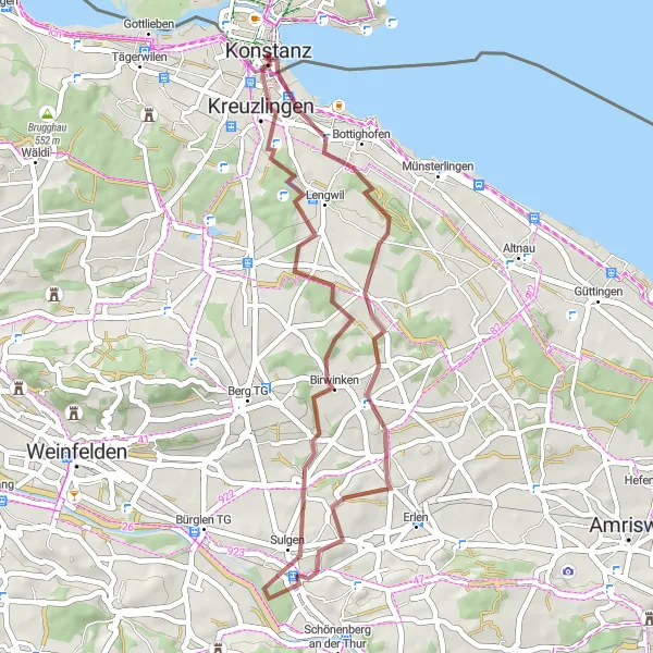 Map miniature of "Constance and Seeburgturm Gravel Route" cycling inspiration in Freiburg, Germany. Generated by Tarmacs.app cycling route planner