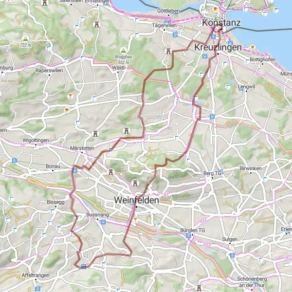 Map miniature of "Gravel Adventure - Bommen to Schloss Brunnegg" cycling inspiration in Freiburg, Germany. Generated by Tarmacs.app cycling route planner