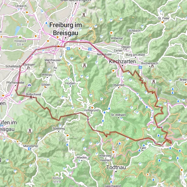 Map miniature of "Challenging Gravel Route" cycling inspiration in Freiburg, Germany. Generated by Tarmacs.app cycling route planner
