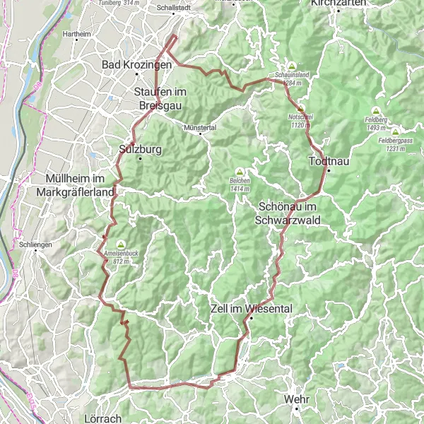 Map miniature of "Gravel Adventure through Natural Beauty" cycling inspiration in Freiburg, Germany. Generated by Tarmacs.app cycling route planner