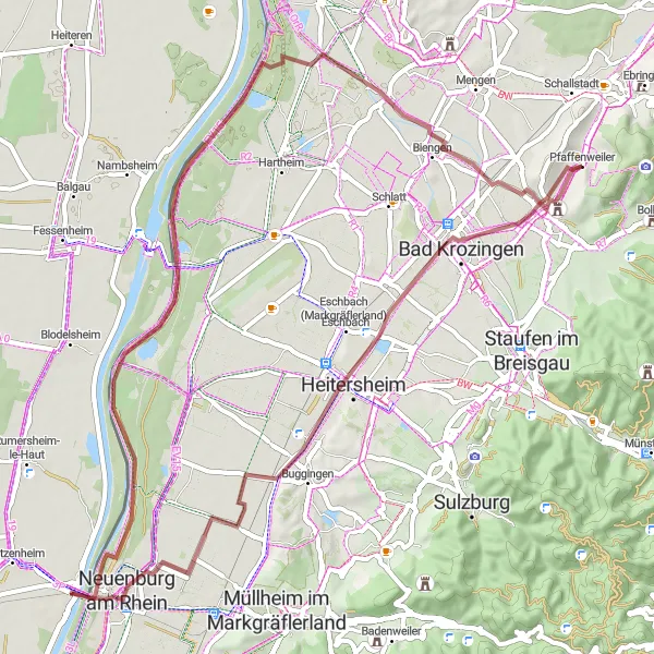 Map miniature of "Scenic Gravel Ride through Charming Villages" cycling inspiration in Freiburg, Germany. Generated by Tarmacs.app cycling route planner
