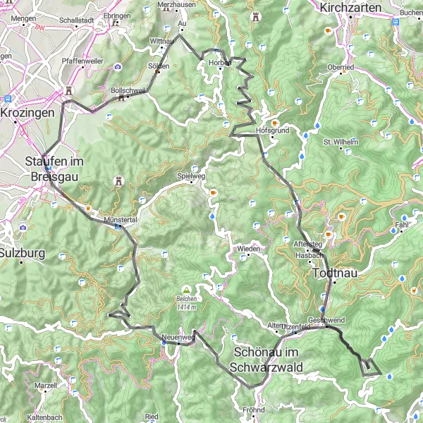 Map miniature of "Spectacular Road Cycling Adventure in the Southern Black Forest" cycling inspiration in Freiburg, Germany. Generated by Tarmacs.app cycling route planner