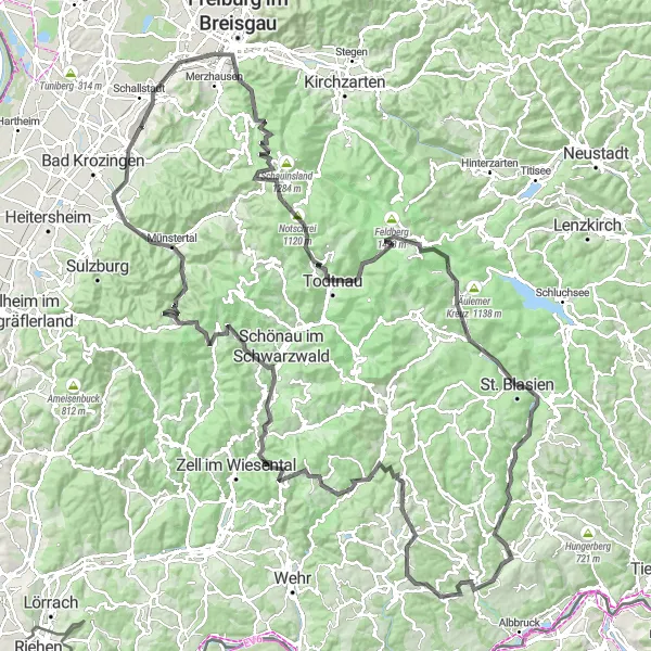 Map miniature of "The Epic Road to the Highest Point" cycling inspiration in Freiburg, Germany. Generated by Tarmacs.app cycling route planner