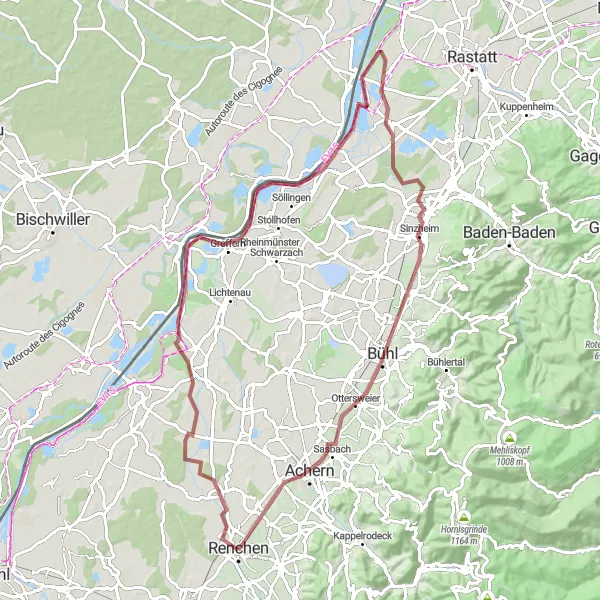 Karten-Miniaturansicht der Radinspiration "Erfrischende Renchen-Memprechtshofen-Greffern-Iffezheim-Rundweg" in Freiburg, Germany. Erstellt vom Tarmacs.app-Routenplaner für Radtouren