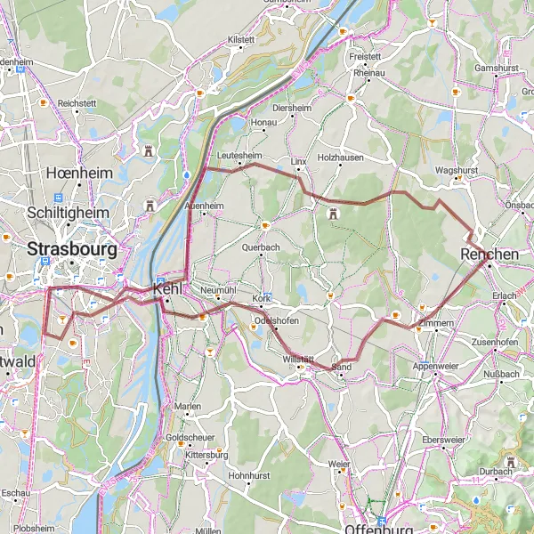 Karten-Miniaturansicht der Radinspiration "Gravel-Tour Willstätt und Kehl" in Freiburg, Germany. Erstellt vom Tarmacs.app-Routenplaner für Radtouren