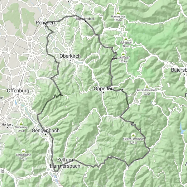 Karten-Miniaturansicht der Radinspiration "Kappelrodeck und Zell am Harmersbach Rundtour" in Freiburg, Germany. Erstellt vom Tarmacs.app-Routenplaner für Radtouren