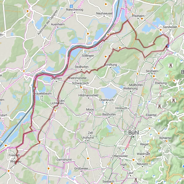 Map miniature of "Rheinau Gravel Adventure" cycling inspiration in Freiburg, Germany. Generated by Tarmacs.app cycling route planner