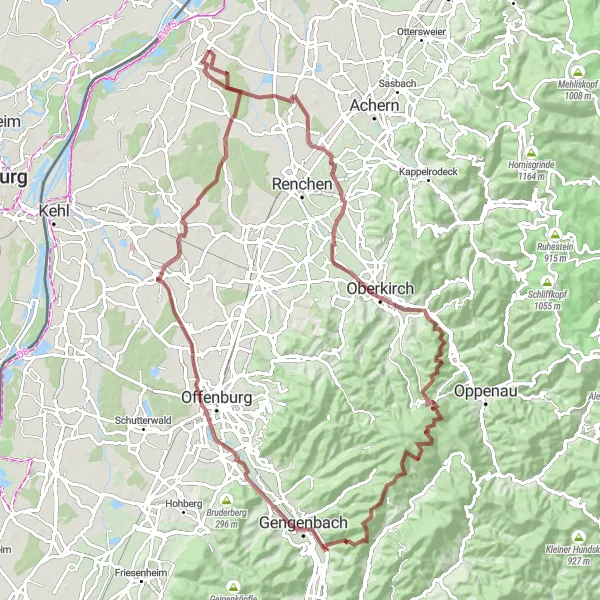 Map miniature of "Önsbach Gravel Adventure" cycling inspiration in Freiburg, Germany. Generated by Tarmacs.app cycling route planner