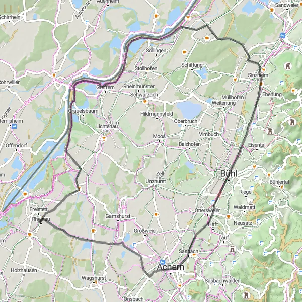 Map miniature of "Hügelsheim Loop" cycling inspiration in Freiburg, Germany. Generated by Tarmacs.app cycling route planner
